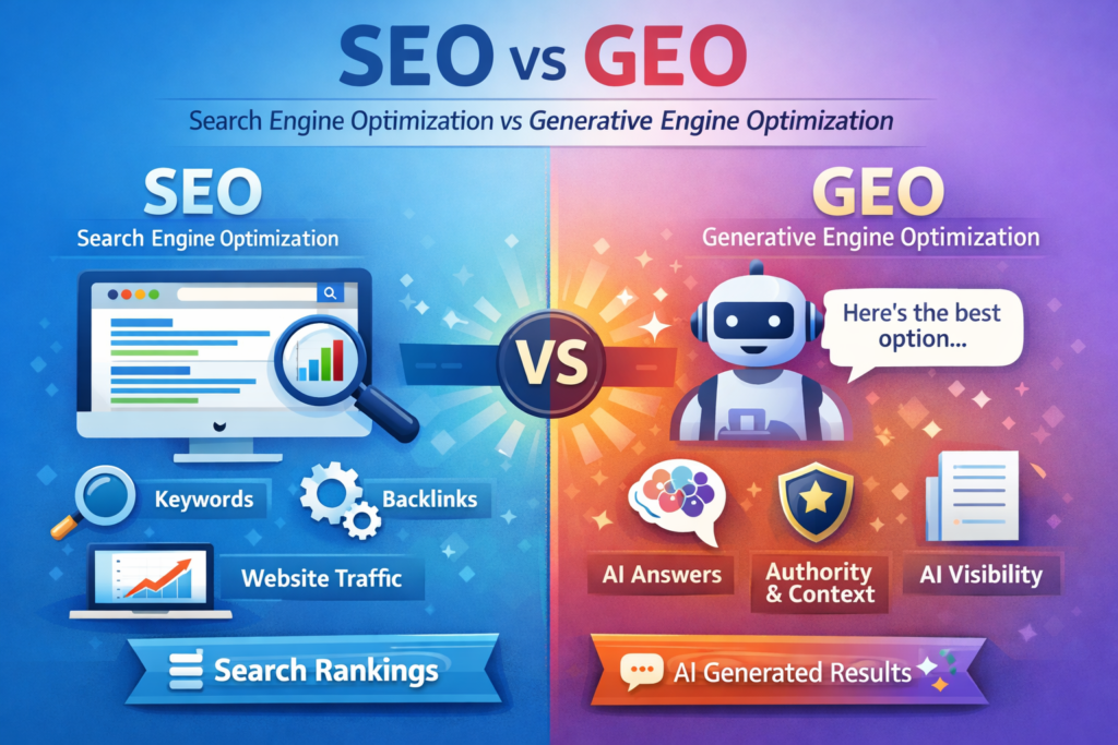 differens between seo and generetive engine optimaization(geo)"